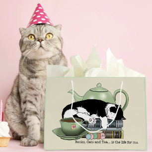 Cosy Books Cat Tuxedo Tea Cute Green Teapot Reader Large Gift Bag