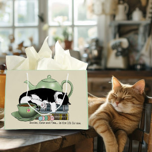 Cosy Books Cat Tuxedo Tea Cute Green Teapot Reader Large Gift Bag