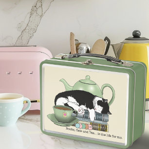 Cosy Books Cat Tuxedo Tea Cute Green Teapot Reader Metal Lunch Box