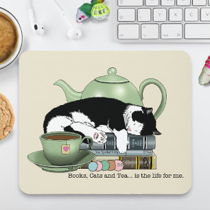 Cosy Books Cat Tuxedo Tea Cute Green Teapot Reader Mouse Mat