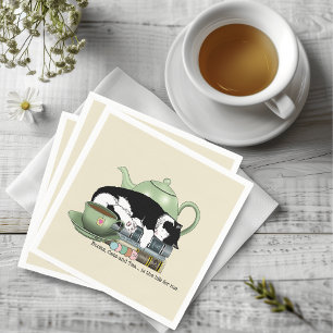Cosy Books Cat Tuxedo Tea Cute Green Teapot Reader Napkin