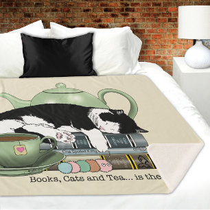 Cosy Books Cat Tuxedo Tea Cute Green Teapot Reader Sherpa Blanket