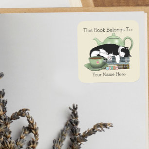 Cosy Books Cat Tuxedo Tea Cute Green Teapot Reader Square Sticker