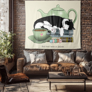 Cosy Books Cat Tuxedo Tea Cute Green Teapot Reader Tapestry