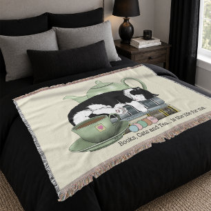 Cosy Books Cat Tuxedo Tea Cute Green Teapot Reader Throw Blanket
