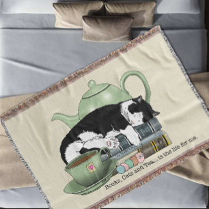 Cosy Books Cat Tuxedo Tea Cute Green Teapot Reader Throw Blanket