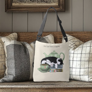 Cosy Books Cat Tuxedo Tea Cute Green Teapot Reader Tote Bag