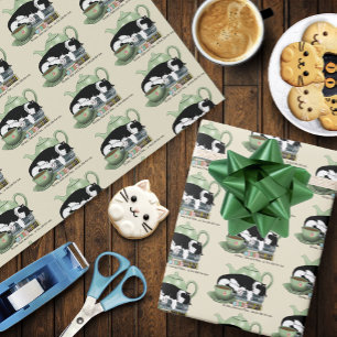 Cosy Books Cat Tuxedo Tea Cute Green Teapot Reader Wrapping Paper