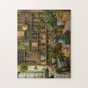 Cosy Botanical Bookstore Cat Puzzle Watercolor L