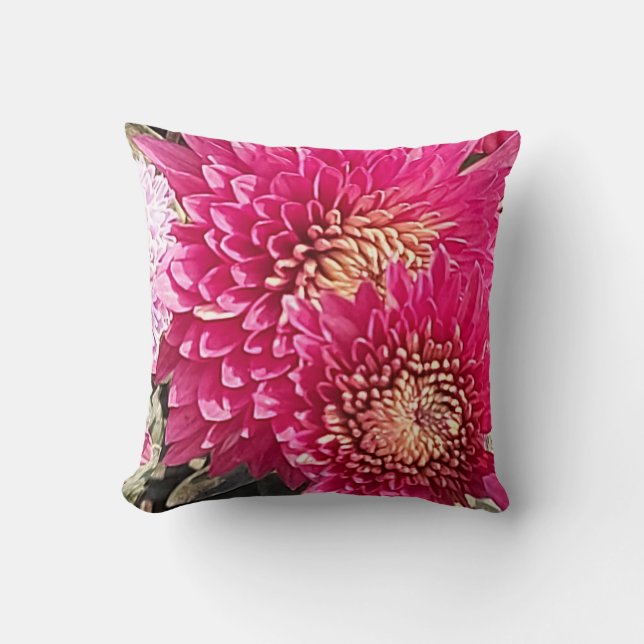 Cosy Bright Pink Chrysanthemum Flowers Pillow (Front)