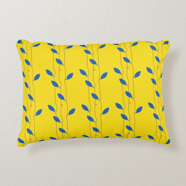 Cosy Bright Yellow Blue Leaves Cotton Decorative Cushion (Front)