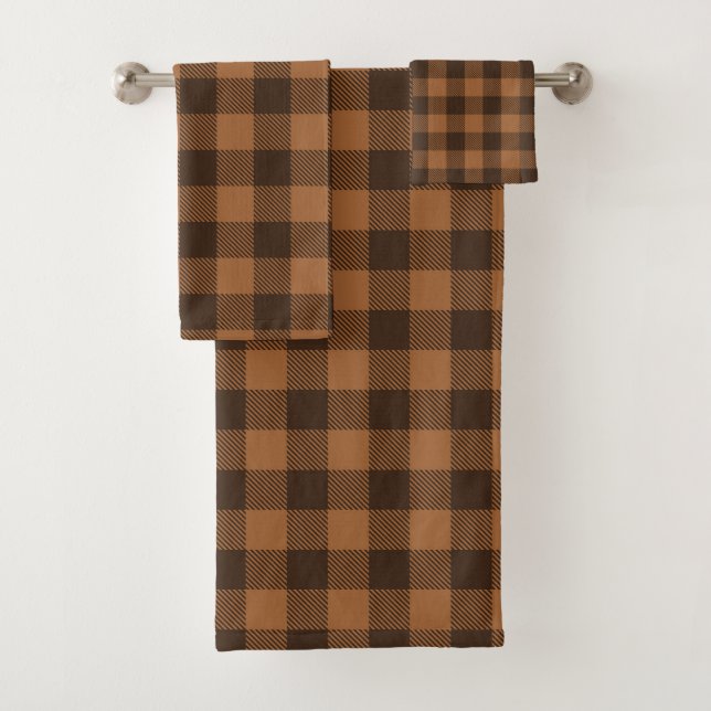 Cosy Brown Plaid Buffalo Print Pattern Bath Towel Set (Insitu)