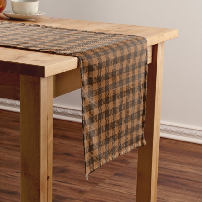 Cosy Brown Plaid Buffalo Print Pattern Short Table Runner (In Situ)