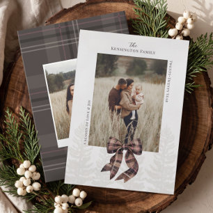 Cosy Brown Rustic Plaid Bow Ribbon Christmas Photo Holiday Card