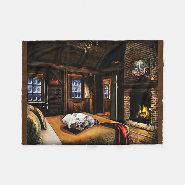 Cosy Bulldogs in a Cabin Fleece Blanket (Front (Horizontal))