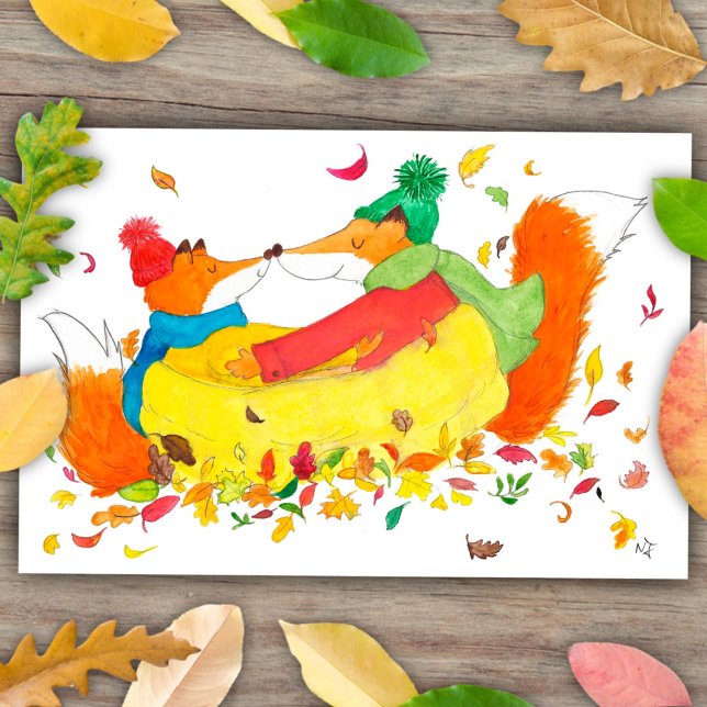 Cosy Bundled Up Fall Foxes  Postcard (Creator Uploaded)