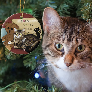 Cosy Burgundy Whimsical Tabby Cat Home Ceramic Tree Decoration