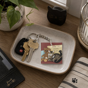 Cosy Burgundy Whimsical Tabby Cat Home Key Ring