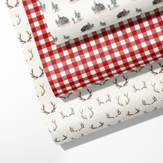 "Cosy Cabin, Antler, Buffalo Plaid Wrapping Paper Sheet