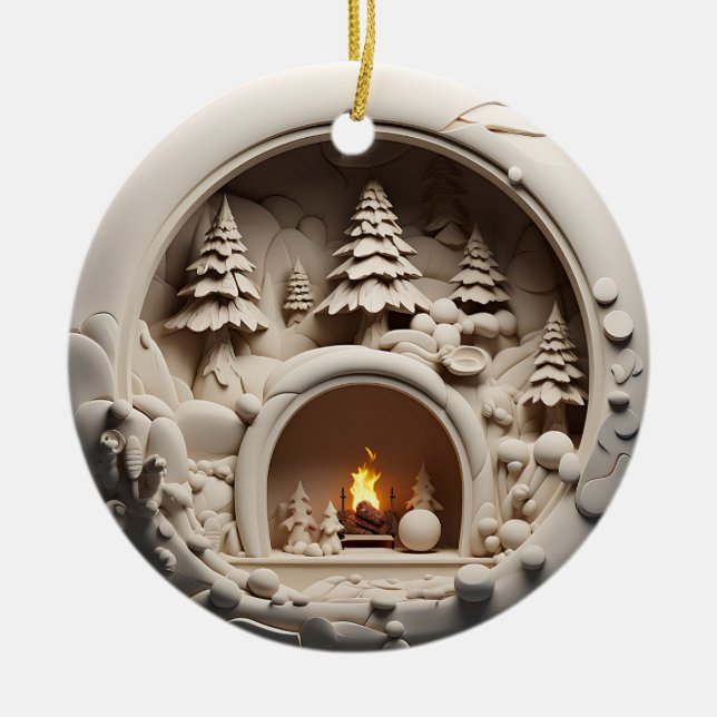 Cosy Cabin Christmas Fireplace Ceramic Tree Decoration (Front)