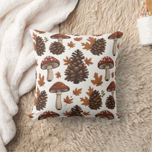 Cosy Cabin-Core Mushrooms & Pinecones Throw Pill Cushion