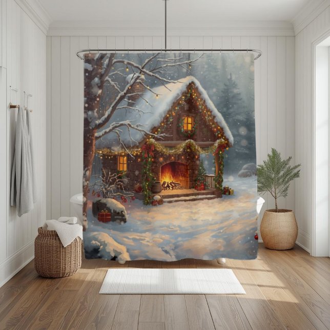 Cosy Cabin Fireplace Christmas Shower Curtain (Creator Uploaded)