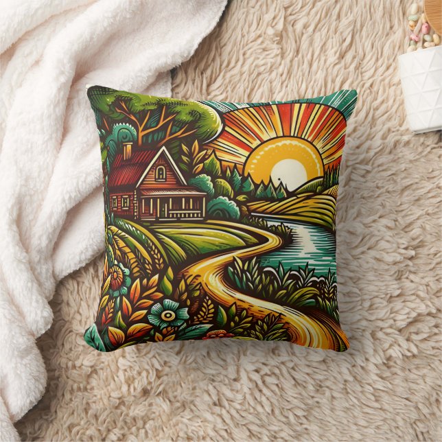 Cosy cabin in a serene sunrise landscape cushion (Blanket)
