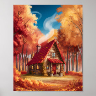 Cosy Cabin in Autumn Forest Poster