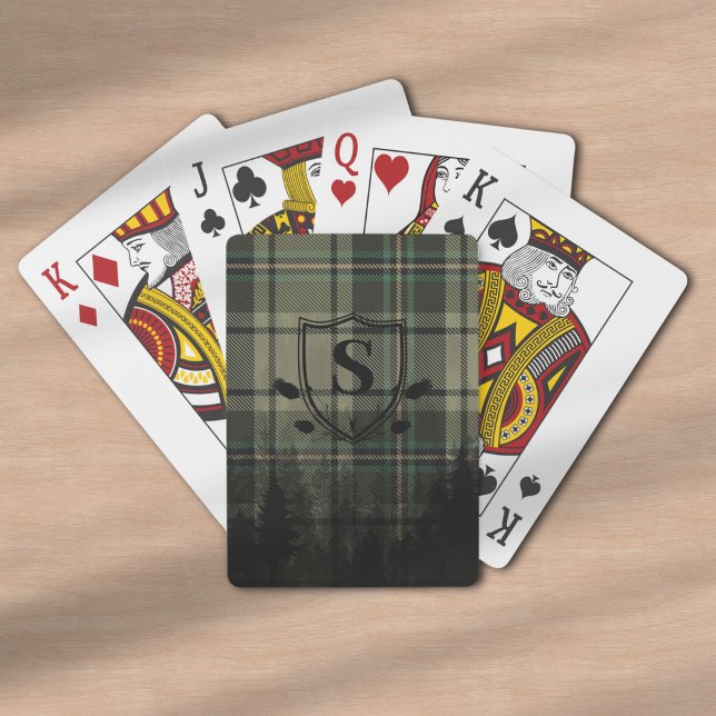 Cosy Cabin Plaid Pine Tree Silhouettes Monogram Playing Cards (Creator Uploaded)
