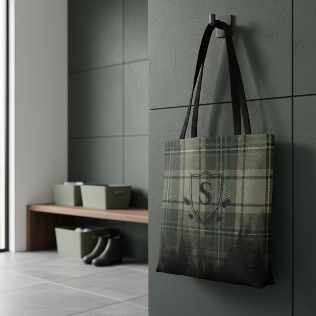 Cosy Cabin Plaid Pine Tree Silhouettes Monogram Tote Bag (Creator Uploaded)