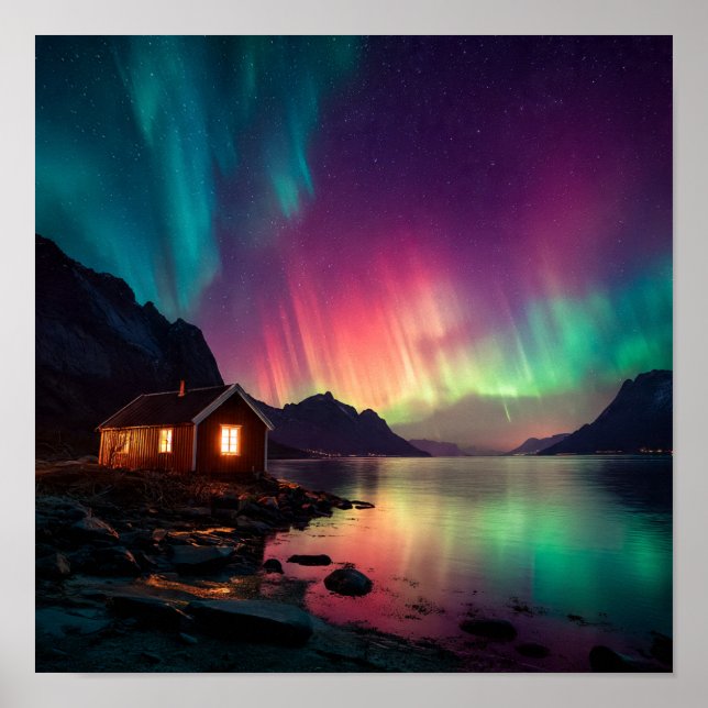 Cosy Cabin Under Northern Lights Fjord Scene Poster (Front)