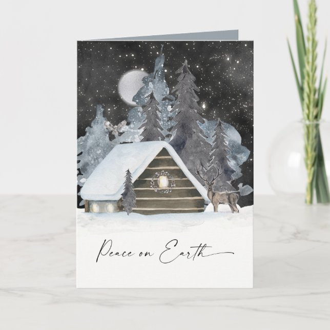 Cosy Cabin Wintry Watercolor Holiday Scene Card (Front)