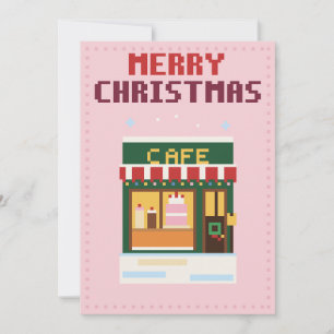 Cosy Cafe Pink Pixel Art Christmas Card