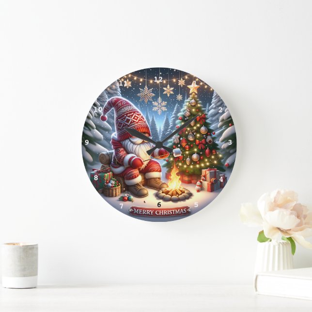 Cosy Campfire Gnome" - Festive Christmas Wall Large Clock (Home)