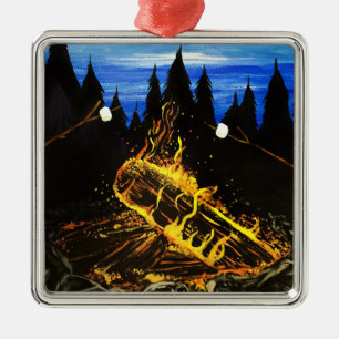 Cosy Campfire Sunset Forest Outdoor Adventure Metal Tree Decoration