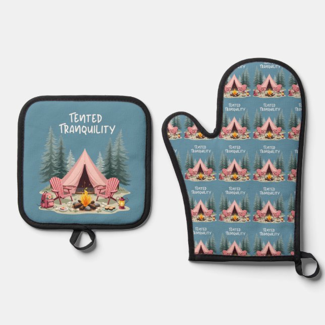 Cosy Camping Aesthetic Glamping Tent & Campfire Oven Mitt & Pot Holder Set (Front)
