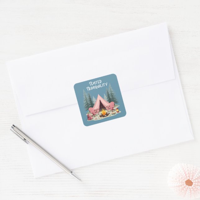 Cosy Camping Aesthetic Glamping Tent & Campfire Square Sticker (Envelope)