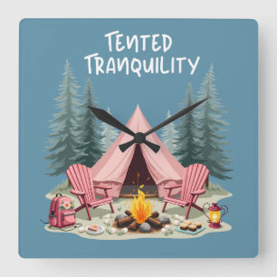 Cosy Camping Aesthetic Glamping Tent & Campfire Square Wall Clock