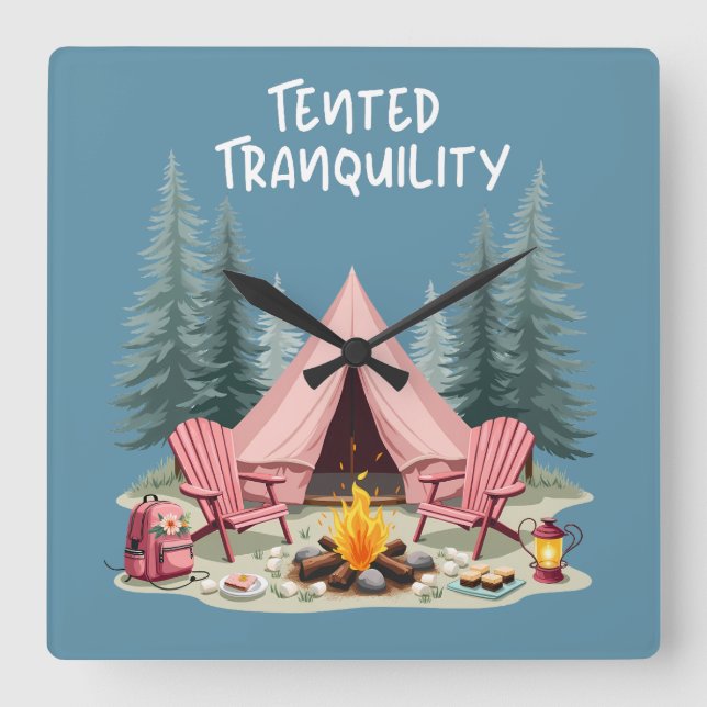 Cosy Camping Aesthetic Glamping Tent & Campfire Square Wall Clock (Front)