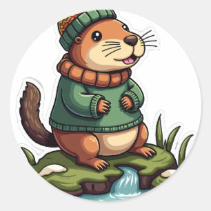 Cosy Capybara Winter Knitwear Forest Stream Chill Classic Round Sticker