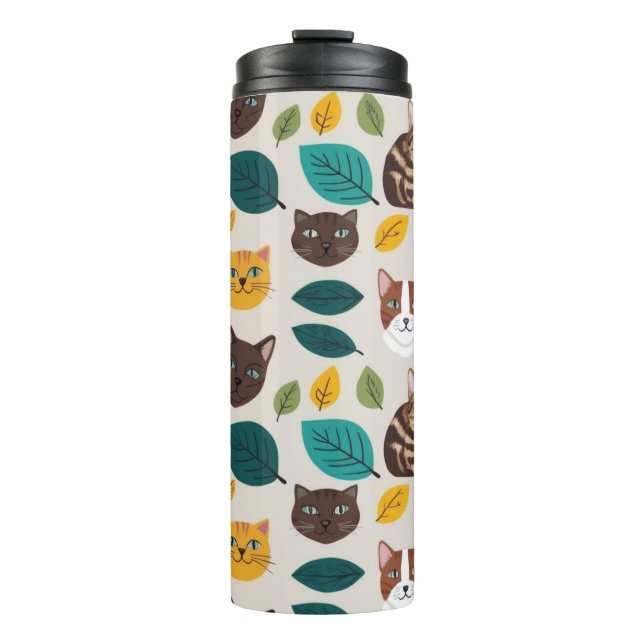 Cosy Cat & Autumn Leaves Seamless Pattern - Whimsi Thermal Tumbler (Front)