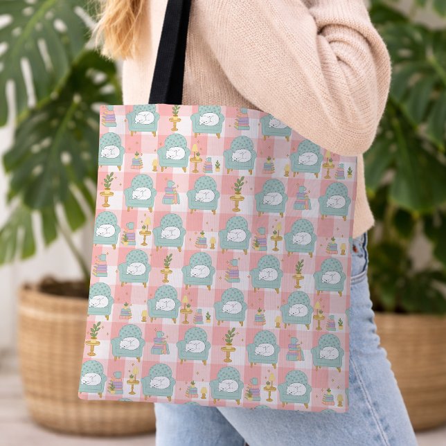 Cosy Cat & Book Girly Pink Pastel Mint Green Tote Bag (Creator Uploaded)
