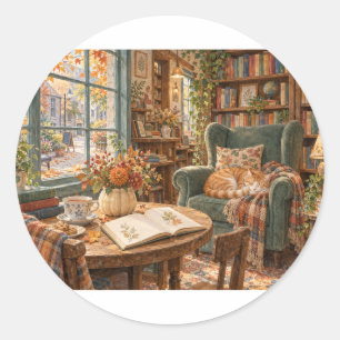 Cosy Cat Bookshop Reading Nook Classic Round Sticker