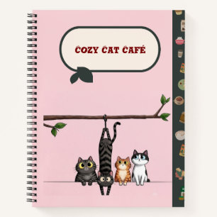 Cosy Cat Cafe Cute Cartoon Cats on Branch Pink Notebook