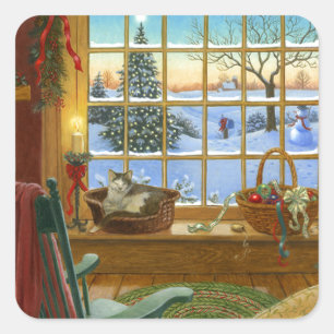Cosy cat Christmas Square Sticker