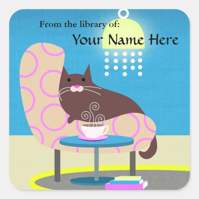 Cosy Cat, Coffe & Books bookplate Square Sticker (Front)