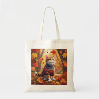 Cosy Cat Enjoying the Autumn Leaves Tote Bag