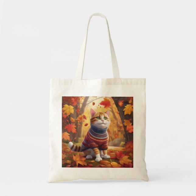 Cosy Cat Enjoying the Autumn Leaves Tote Bag (Front)