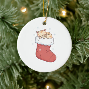 Cosy Cat in Christmas Stocking - Sleeping Kitten Ceramic Tree Decoration