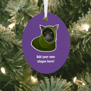 Cosy Cat in Hooded Outfit, Hacker Kitty - own text Metal Tree Decoration